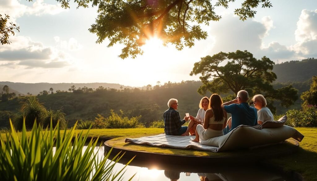 A peaceful oasis of financial well-being, with a lush, verdant landscape in the background. In the foreground, a serene pond reflects the tranquil sky above, its still waters symbolizing the harmony between income, savings, and spending. Sunlight filters through the canopy of trees, casting a warm, golden glow over a group of people seated on comfortable cushions, engaged in an open, thoughtful discussion about their financial goals and strategies. The atmosphere is one of collaboration, understanding, and a shared commitment to achieve lasting financial stability and security.