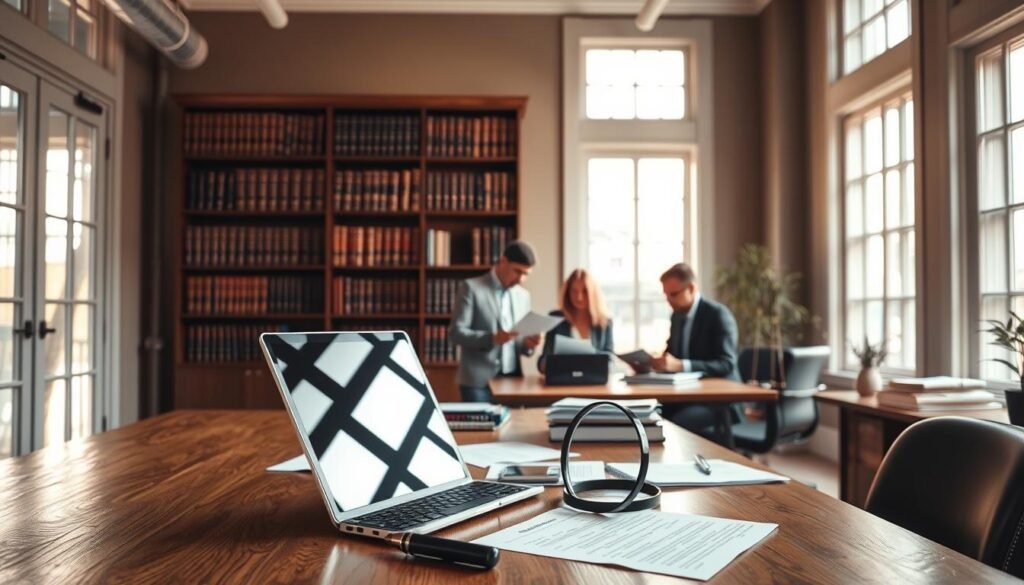 A pristine office space, bathed in warm, natural light filtering through large windows. In the foreground, a wooden desk with a laptop, documents, and a magnifying glass, symbolizing the meticulous process of due diligence. The middle ground features a team of professionals, engaged in deep discussion, pouring over reports and files. In the background, a bookshelf filled with legal tomes and case files, conveying the depth of knowledge and expertise required for an effective due diligence process. The overall atmosphere is one of focus, diligence, and attention to detail, reflecting the critical importance of this essential business practice.