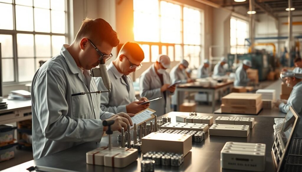 A pristine, well-lit production facility, bathed in warm, natural illumination from large windows. In the foreground, a team of quality inspectors meticulously examining an array of finished products on a sleek, stainless steel workstation. Magnifying glasses, calibrated tools, and detailed checklists in hand, they scrutinize every aspect with intense focus. In the middle ground, workers in crisp, coordinated uniforms diligently package and prepare shipments, ensuring flawless quality control. The background reveals a bustling, organized logistics hub, where goods are efficiently sorted and dispatched to global destinations.