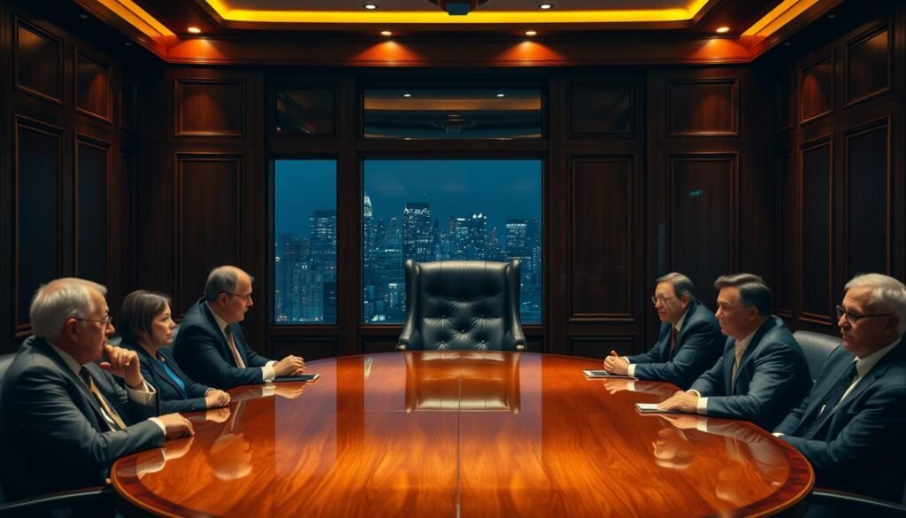 A private boardroom, dimly lit by warm ambient lighting, with a polished oval table at the center. The walls are adorned with rich, dark wood paneling, creating an atmosphere of exclusivity and authority. In the foreground, a team of experienced executives sit around the table, engaged in a thoughtful discussion, their expressions conveying a sense of gravity and focus. The middle ground features a large, high-backed leather chair at the head of the table, symbolizing the position of power and responsibility being sought. In the background, a large window provides a subtle view of a bustling cityscape, hinting at the broader business landscape and the reach of this executive search. The overall scene evokes a sense of professionalism, discretion, and the weight of the decision at hand.