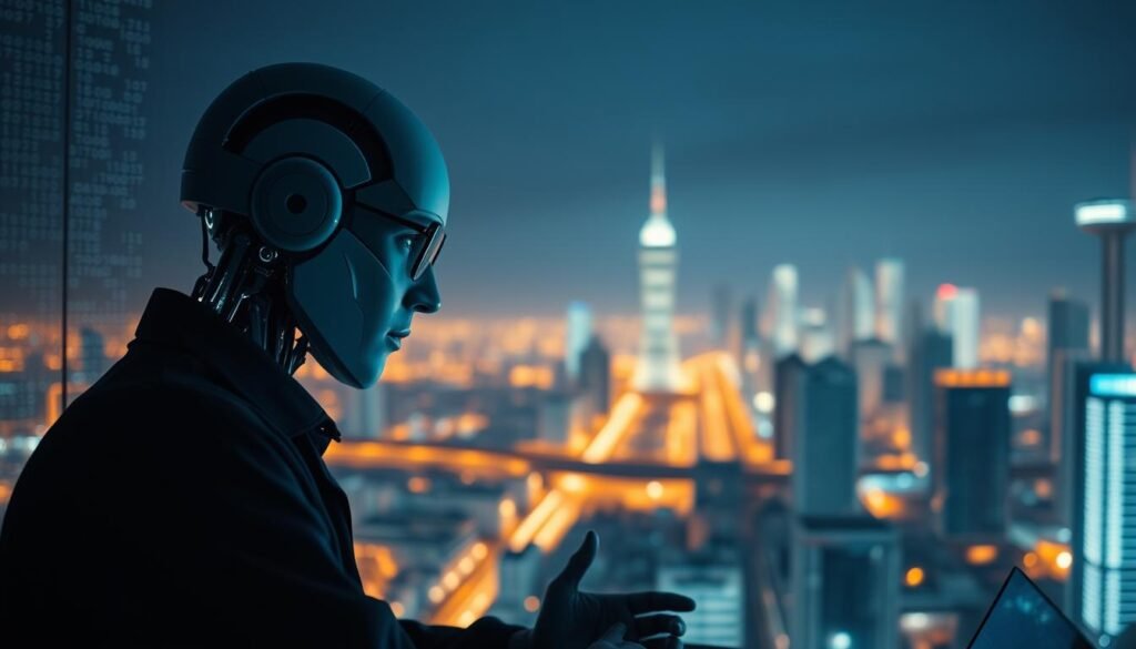 A professional AI recruiter evaluating job applicants, set against a backdrop of glowing computer code and futuristic cityscape. The recruiter is thoughtful, contemplative, considering each candidate's merits with care. Subtle lighting casts an intelligent, analytical glow, while the cityscape in the distance suggests the scale and complexity of the hiring process. The scene conveys the weight of the decisions being made, the importance of getting it right, and the potential for AI-powered hiring to reshape the future of work.