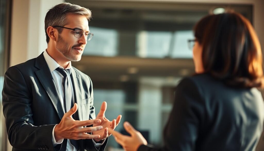 A professional business executive, dressed in a crisp suit, engaged in a dynamic conversation with a colleague. The focus is on their expressive hand gestures, intense eye contact, and animated facial expressions, conveying the importance of effective communication. The background is blurred, placing emphasis on the foreground interaction. The lighting is warm and natural, creating an atmosphere of collaboration and problem-solving. The overall scene captures the essence of leadership and the power of interpersonal communication skills.