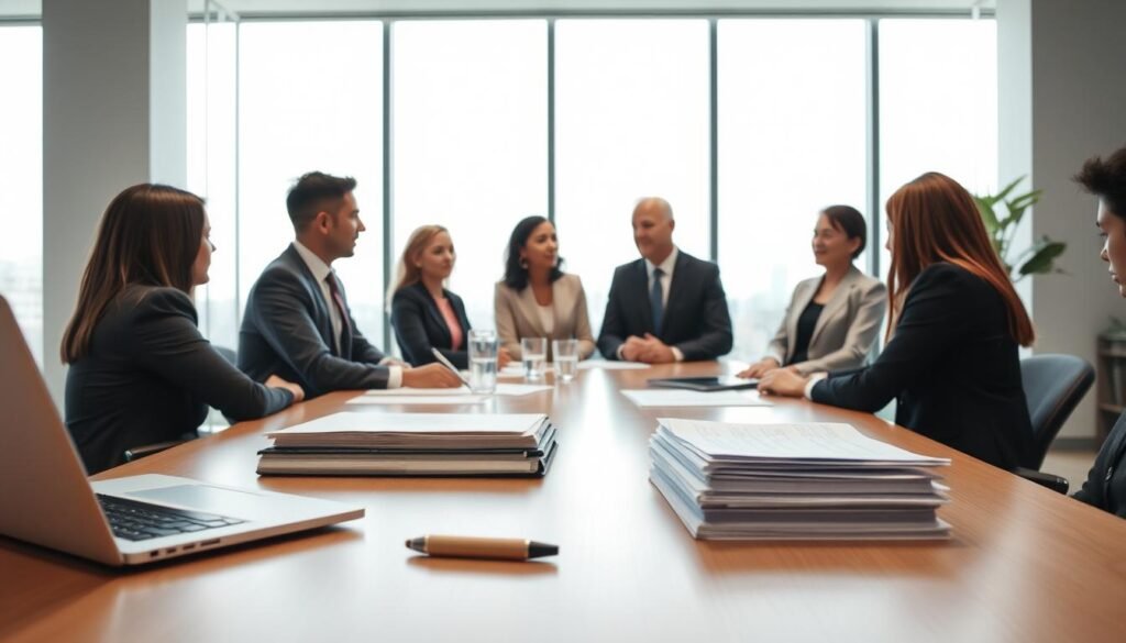 A professional business office with a serene, minimalist aesthetic. In the foreground, a desk with a laptop, pen, and a stack of papers, conveying the thoughtful process of decision-making. The middle ground features a diverse team of executives engaged in a collaborative discussion, their expressions revealing the careful consideration of potential biases. The background showcases floor-to-ceiling windows, allowing natural light to flood the space and create a sense of transparency and ethical integrity. The overall mood is one of diligence, responsibility, and a commitment to fair and unbiased practices in the selection of corporate leaders.