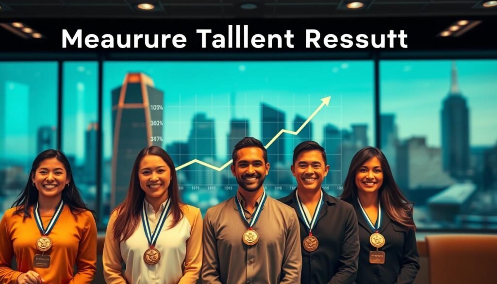 A professional business presentation slide featuring measurable talent results. In the foreground, a lineup of smiling professionals with achievement medals and trophies, conveying a sense of success and confidence. In the middle ground, a graph displaying rising performance metrics and KPIs. In the background, a blurred cityscape with skyscrapers, symbolizing the corporate world. The lighting is crisp and well-lit, with a warm color palette suggesting an atmosphere of professionalism and prestige. The camera angle is slightly high, creating an elevated, aspirational perspective. Overall, the image projects an air of competence, reliability, and tangible business accomplishments.