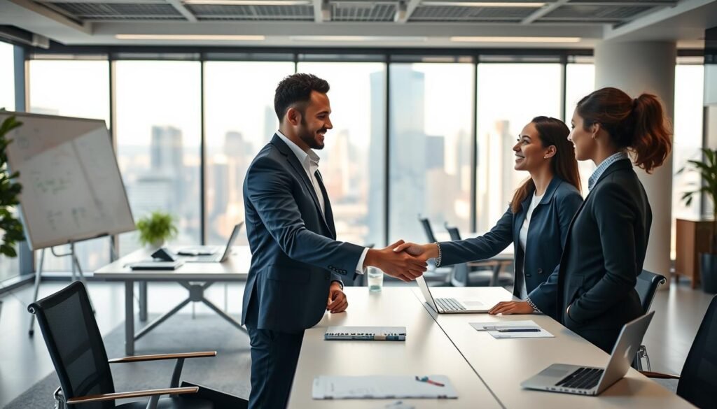A professional business team shaking hands in a hybrid office setting. The foreground shows two diverse colleagues, one in a suit and the other in casual attire, warmly greeting each other across a modern, minimalist desk. The middle ground features a mix of physical and digital workspaces, with laptops, whiteboards, and collaboration tools. The background has floor-to-ceiling windows overlooking a vibrant cityscape, bathed in soft, natural lighting. The scene conveys a sense of harmony between the human and technological aspects of the workplace, where personal connection and efficient processes coexist seamlessly.