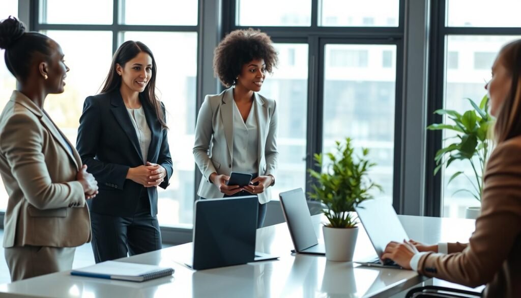 A professional coaching session in an elegantly designed office environment, featuring a diverse group of three business professionals engaged in a dynamic discussion. In the foreground, a confident female executive in a tailored suit actively listening, while a male coach, also dressed in business attire, gestures thoughtfully as he guides the conversation. The middle ground showcases a sleek modern desk with coaching materials like notebooks, a laptop, and a potted plant, symbolizing growth. In the background, large windows allow soft, natural light to brighten the room, creating a warm and inviting atmosphere. The overall mood is one of empowerment, collaboration, and professional development, with a focus on leadership enhancement. No text or branding included.