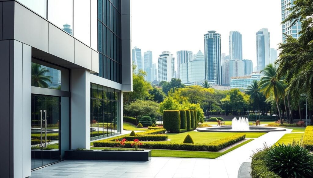 A professional executive search firm's headquarters, captured in a crisp, high-resolution photograph. The foreground showcases the firm's modern, minimalist facade, with clean lines and a sleek, glass-paneled entrance. The middle ground features a manicured garden and water feature, exuding a sense of tranquility and sophistication. In the background, the cityscape of Bogotá, Colombia, rises up, its towering skyscrapers and lush greenery creating a dynamic, cosmopolitan setting. The lighting is soft and natural, casting a warm, inviting glow over the scene. The overall composition conveys the firm's expertise, prestige, and attention to detail, perfectly reflecting the headhunting services they provide to high-level executives in Colombia. A professional executive search firm's headquarters, captured in a crisp, high-resolution photograph. The foreground showcases the firm's modern, minimalist facade, with clean lines and a sleek, glass-paneled entrance. The middle ground features a manicured garden and water feature, exuding a sense of tranquility and sophistication. In the background, the cityscape of Bogotá, Colombia, rises up, its towering skyscrapers and lush greenery creating a dynamic, cosmopolitan setting. The lighting is soft and natural, casting a warm, inviting glow over the scene. The overall composition conveys the firm's expertise, prestige, and attention to detail, perfectly reflecting the headhunting services they provide to high-level executives in Colombia.