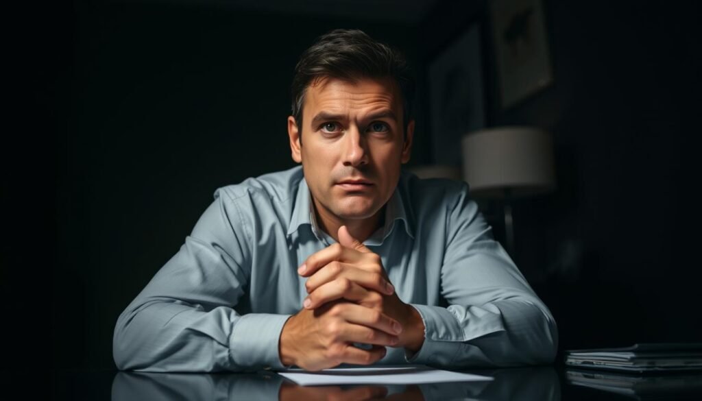 A professional executive sitting at a desk, leaning forward with an inquisitive expression, surrounded by a dimly lit office with subtle patterns on the walls. The lighting is soft and directional, creating deep shadows and highlights that accentuate the subject's facial features. The camera angle is slightly elevated, giving a sense of authority and focus. The executive's hands are clasped, conveying a thoughtful, engaged posture as they prepare to ask insightful questions to reveal the true capabilities of the job candidates.