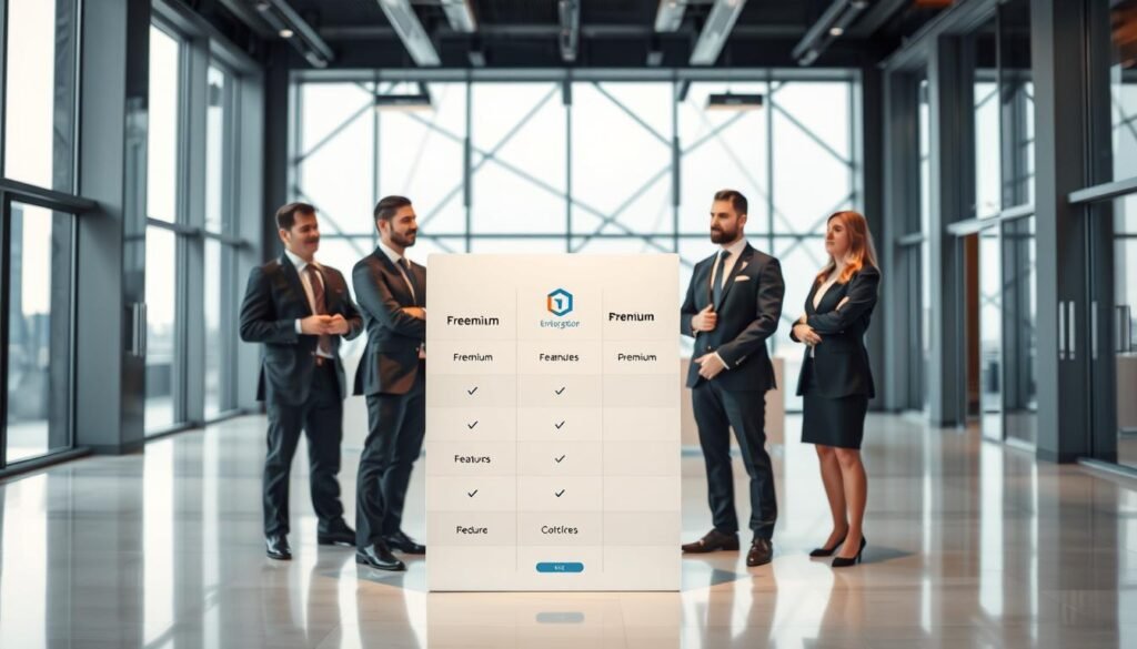 A professional, glossy visual of pricing models for a SaaS enterprise B2B product. In the foreground, a clean, minimalist price chart with clearly labeled tiers and corresponding features. The middle ground showcases a team of confident, smartly-dressed sales executives discussing the freemium and premium offerings. In the background, a modern, geometric office environment with floor-to-ceiling windows, conveying a sense of sophistication and high-end clientele. The lighting is bright and crisp, with strategic use of shadow to highlight key elements. The overall tone is authoritative, trustworthy, and visually appealing to a corporate decision-maker audience.