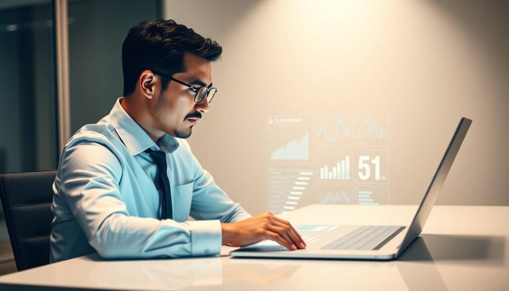 A professional human resources executive collaborating with a cutting-edge AI system, seated at a modern desk in a sleek, minimalist office. The executive's face is thoughtful and engaged, with the AI interface projected onto the desk, displaying relevant candidate data and analysis. Soft, directional lighting accentuates the interplay between human and machine, conveying a sense of productive, symbiotic partnership. The background is subtly blurred, keeping the focus on the central collaboration, emphasizing the importance of human expertise and AI-augmented decision-making in the hiring process.