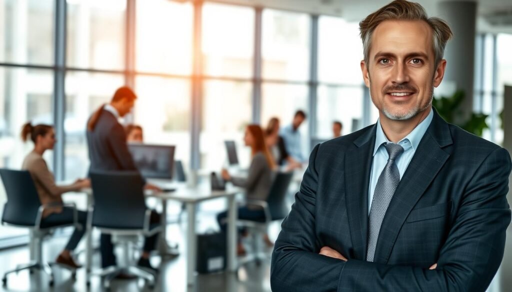 A professional human resources executive dressed in a sharp suit, confidently standing in a modern, well-lit office. The foreground features the executive's focused expression, conveying leadership and expertise. In the middle ground, a team of diverse, engaged employees collaborates at their workstations. The background showcases a sleek, minimalist workspace with floor-to-ceiling windows, allowing natural light to flood the scene. The atmosphere radiates professionalism, productivity, and a strong focus on talent retention and employee development.