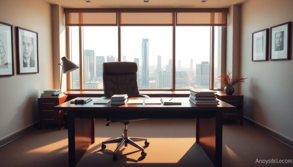 A professional, minimalist office interior with a large wooden desk, a high-backed leather chair, and a neatly organized set of files and documents. The desk is situated in front of a large window overlooking a vibrant cityscape, bathed in warm, diffused natural light. The room has a clean, modern aesthetic, with neutral-toned walls and subtle accent pieces. A sense of order and productivity emanates from the scene, conveying the professional nature of an "employer record" in a corporate setting.