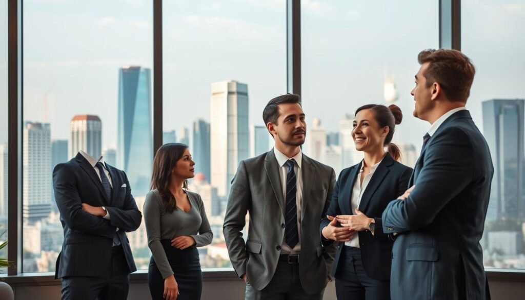 A professional, modern office setting in Bogotá, Colombia. The foreground features a group of well-dressed, confident executives engaged in a discussion, representing the "best headhunters in Bogotá for executive talent in 2025". The middle ground showcases the city skyline with gleaming high-rise buildings, conveying a sense of a thriving business hub. The background is illuminated by warm, natural lighting, creating a welcoming and productive atmosphere. The overall composition suggests a dynamic, forward-thinking talent acquisition industry catering to the needs of multinational corporations in Bogotá.