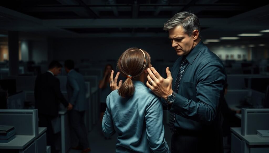 A professional office setting, dimly lit with harsh shadows. In the foreground, two employees - one standing over the other, an expression of intimidation and aggression on their face. The victim shrinks back, hands raised defensively. The middle ground shows other employees turning away, avoiding the confrontation. The background is a maze of cubicles, desks, and office equipment, creating a claustrophobic atmosphere. The lighting is cold, emphasizing the tension and unease. The overall mood is one of discomfort, fear, and a clear violation of workplace safety and respect. A professional office setting, dimly lit with harsh shadows. In the foreground, two employees - one standing over the other, an expression of intimidation and aggression on their face. The victim shrinks back, hands raised defensively. The middle ground shows other employees turning away, avoiding the confrontation. The background is a maze of cubicles, desks, and office equipment, creating a claustrophobic atmosphere. The lighting is cold, emphasizing the tension and unease. The overall mood is one of discomfort, fear, and a clear violation of workplace safety and respect.