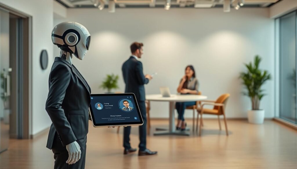 A professional office setting with a clean, modern aesthetic. In the foreground, an AI-powered virtual assistant stands ready to schedule interviews, its friendly interface displayed on a sleek tablet device. In the middle ground, two figures - a hiring manager and a candidate - engage in a productive discussion, their body language conveying a sense of ease and collaboration. The background features minimalist decor, soft lighting, and clean lines, creating a serene, efficient atmosphere conducive to a smooth, friction-free interview process.