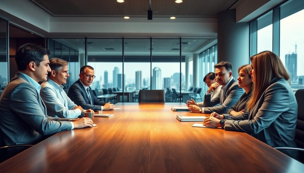 A professional office setting with a large wooden conference table in the foreground. Around the table, a group of executives engaged in an intense discussion, their expressions focused and thoughtful. Bright, directional lighting illuminates their faces, creating a sense of gravity and seriousness. In the background, a sleek, modern office space with floor-to-ceiling windows overlooking the Bogotá skyline. The mood is one of careful consideration, as the team navigates the critical process of selecting the best talent for the petroleum industry.