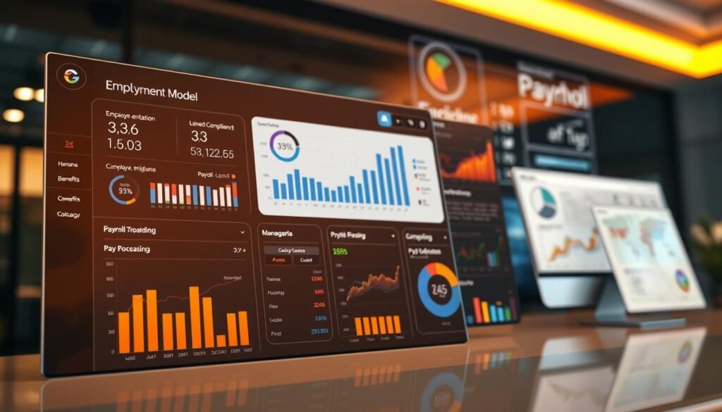 A professional payroll dashboard displays an employment model with detailed financial metrics. The foreground features a sleek, minimalist user interface with interactive charts and graphs visualizing employee compensation, benefits, and tax withholding data. The middle ground showcases various human resource management tools for compliance, onboarding, and payroll processing. In the background, a sophisticated data analytics system analyzes payroll information to generate insightful reports and forecasts. Warm, directional lighting illuminates the scene, creating a sense of clarity and efficiency. The overall mood is one of a well-organized, technologically-advanced payroll management solution catering to the needs of modern enterprises.