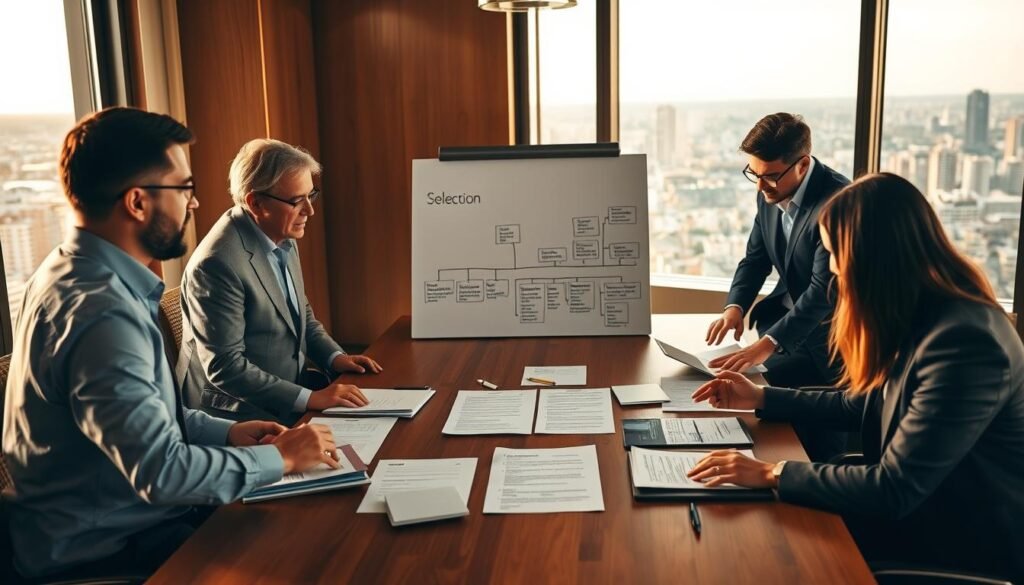 A professional team of headhunters gathered around a large wooden table, engaged in a thoughtful discussion. The room is bathed in warm, golden light, creating a cozy and focused atmosphere. In the foreground, a group of well-dressed executives gesticulate as they carefully examine a set of resumes and profiles, their expressions reflecting the weight of their decision-making. In the middle ground, a whiteboard displays a meticulously organized selection process, outlining the criteria and methods used to identify the ideal candidate. The background features a panoramic view of the city skyline, hinting at the broader context and scale of the organization's talent search. The overall scene conveys a sense of diligence, expertise, and the gravity of the "selección" process.