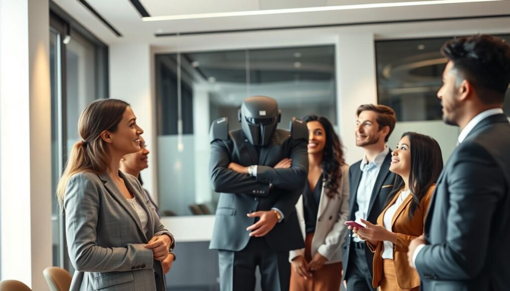 A professional virtual assistant standing confidently in a modern office setting, assisting a group of diverse executive candidates during a job interview process. The assistant is dressed in a crisp, tailored business suit, projecting an air of competence and authority. The candidates, in various formal attire, are engaged in animated discussions, their faces filled with anticipation. Soft, diffused lighting illuminates the scene, creating a warm and collaborative atmosphere. The background features sleek, minimalist office decor, suggesting a dynamic, high-tech work environment. The overall composition conveys the seamless integration of artificial intelligence in the recruitment and selection of top-tier talent.