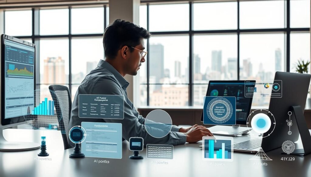 A professional, well-designed workspace with modern, sleek technology. In the foreground, a person sits at a desk, engrossed in analyzing data and visualizations on a high-resolution computer screen. The lighting is soft and directional, accentuating the thoughtful expression on the person's face. In the middle ground, various AI-powered tools and software are displayed, showcasing their capabilities in assessing executive competencies. The background features a minimalist, urban setting with large windows overlooking a cityscape, suggesting a dynamic, forward-thinking environment. The overall scene conveys a sense of innovation, precision, and the seamless integration of human expertise and artificial intelligence.