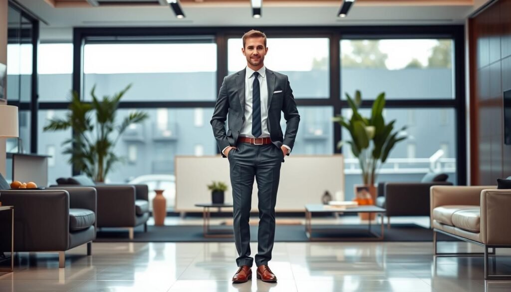 A professional, well-dressed individual standing confidently in a modern office setting, radiating authority and expertise. The subject is situated in the middle ground, with a clean, minimalist background featuring sleek, contemporary furniture and decor. Warm, natural lighting from large windows bathes the scene, creating a sense of professionalism and credibility. The individual's posture and gaze convey a strong, reassuring presence, suitable for a legal representative guiding a business through the incorporation process.