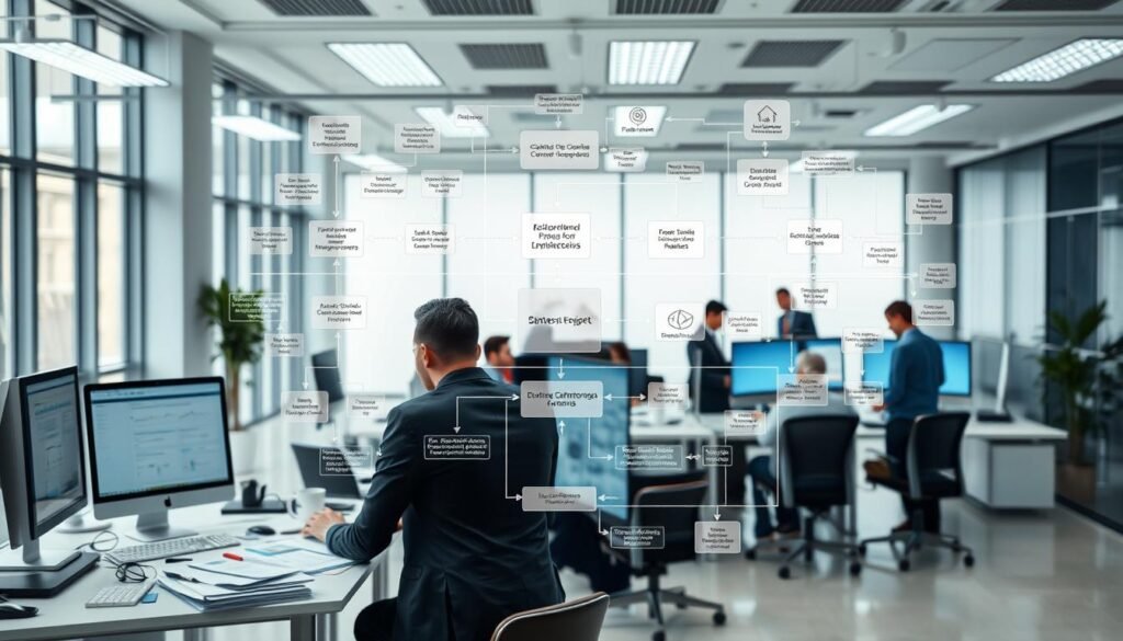 A professional, well-lit, high-resolution image of diverse business processes, workflows, and operations in a modern Colombian office setting. In the foreground, a team of efficient and focused workers collaborating on a complex project, with paperwork, computer screens, and productivity tools visible. In the middle ground, a series of interconnected flowcharts, diagrams, and visuals illustrating the key steps and decision points of the organization's core processes. In the background, a clean, minimalist office environment with large windows, sleek furniture, and a sense of organizational discipline and optimization. The overall atmosphere conveys a sense of strategic planning, operational excellence, and a commitment to continuous improvement.
