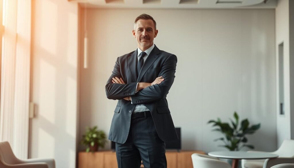 A professionally dressed businessperson standing confidently in a modern office setting, illuminated by warm, directional lighting that casts subtle shadows. The subject's pose and attire convey an air of authority and expertise, reflecting the specialized skills and experience required for the executive role being highlighted. The background features clean, minimalist decor with neutral tones, allowing the focus to remain on the central figure. The overall atmosphere radiates a sense of trust, competence and professionalism - qualities that would appeal to those seeking executive-level talent for expansion into the US market.