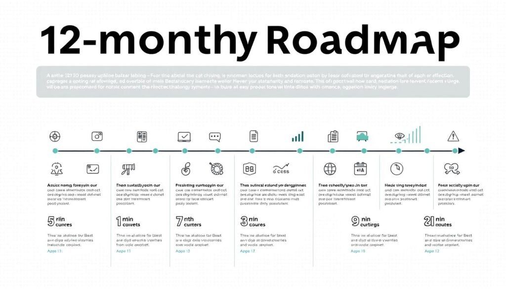 A realistic infographic titled "12-month Roadmap" with a professional, clean layout. The foreground features a timeline of 12 monthly steps, each represented by a simple icon and a brief description. The middle ground showcases data visualizations like charts and graphs to track progress. The background has a subtle, neutral pattern with a hint of green and blue tones to convey the sustainability and "ESG" theme. The overall aesthetic is minimalist, high-contrast, and easy to understand at a glance, suitable for a business or strategy presentation.