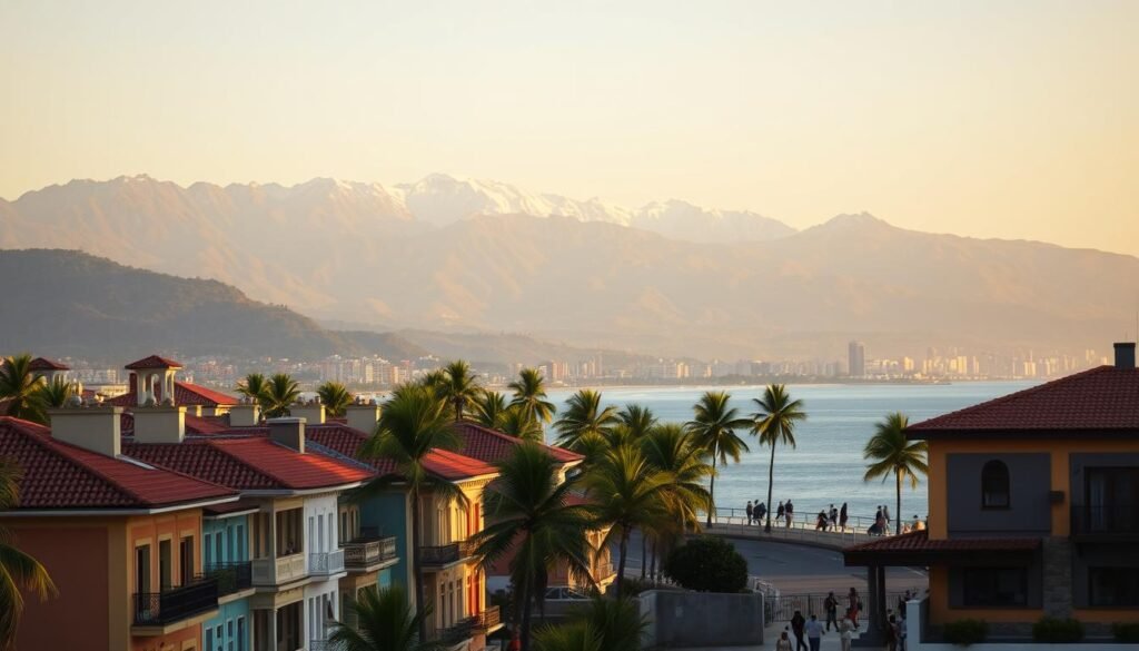 A scenic coastal cityscape of Santa Marta, Colombia, overlooking the Caribbean Sea. In the foreground, a row of colorful, Spanish colonial-style houses with tiled roofs and balconies. In the middle ground, palm trees sway gently, and people stroll along the promenade. In the background, the towering Sierra Nevada mountains rise majestically, their snow-capped peaks glowing in the warm, golden sunlight. The scene is bathed in a soft, warm light, creating a serene and inviting atmosphere. The image conveys the vibrant, laid-back charm of this coastal city, making it an enticing prospect for real estate investment.