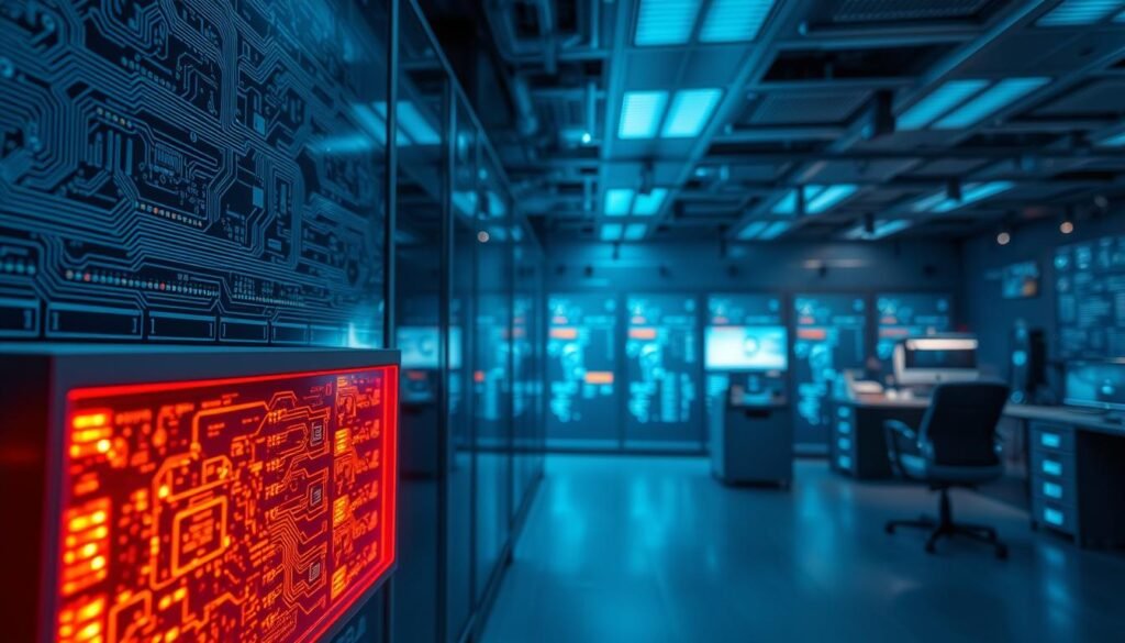 A secure and reliable information system, with multiple layers of protection. In the foreground, a robust firewall shields sensitive data, its intricate circuits illuminated by a warm, ambient glow. In the middle ground, biometric scanners and encrypted access points ensure only authorized personnel can enter. In the background, a serene yet vigilant monitoring station oversees the entire network, its displays showing real-time analytics and threat detection. The scene is bathed in a soft, muted palette, conveying a sense of professionalism and attention to detail. Subtle shadows and highlights add depth and dimension, while the overall composition suggests a comprehensive, cutting-edge approach to cybersecurity.