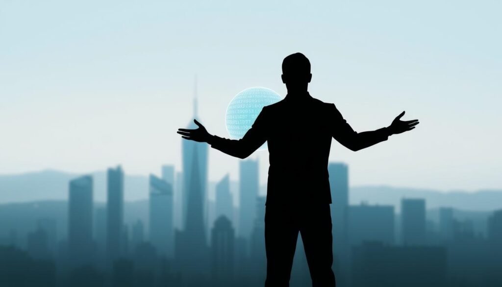 A serene and minimalist digital illustration of privacy and data protection. In the foreground, a silhouetted human figure stands with arms outstretched, shielding a glowing sphere of data. The middle ground features a sleek, architectural cityscape rendered in muted tones, suggesting an urban environment. The background is a soft, blurred gradient, creating a sense of depth and focus on the central subject. The lighting is cool and indirect, casting subtle shadows and highlights to accentuate the geometric forms. The overall mood is one of tranquility, security, and the importance of safeguarding personal information in the digital age.