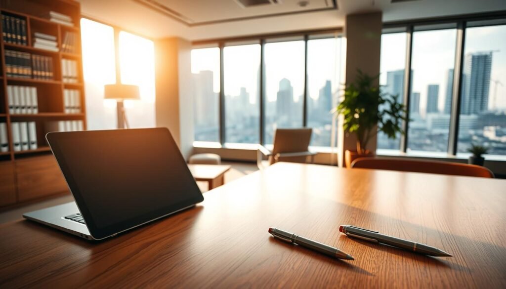 A serene and professional office interior, with a warm lighting that casts a soft glow over the space. In the foreground, a wooden desk with a sleek laptop and a pen resting on top, symbolizing the confidentiality and attention to detail in client interactions. The middle ground features a bookshelf filled with legal documents and business files, conveying a sense of trust and expertise. In the background, large windows overlook a bustling city skyline, representing the global reach and reputation of the organization. The overall atmosphere is one of quiet confidence, security, and a steadfast commitment to client privacy. A serene and professional office interior, with a warm lighting that casts a soft glow over the space. In the foreground, a wooden desk with a sleek laptop and a pen resting on top, symbolizing the confidentiality and attention to detail in client interactions. The middle ground features a bookshelf filled with legal documents and business files, conveying a sense of trust and expertise. In the background, large windows overlook a bustling city skyline, representing the global reach and reputation of the organization. The overall atmosphere is one of quiet confidence, security, and a steadfast commitment to client privacy.