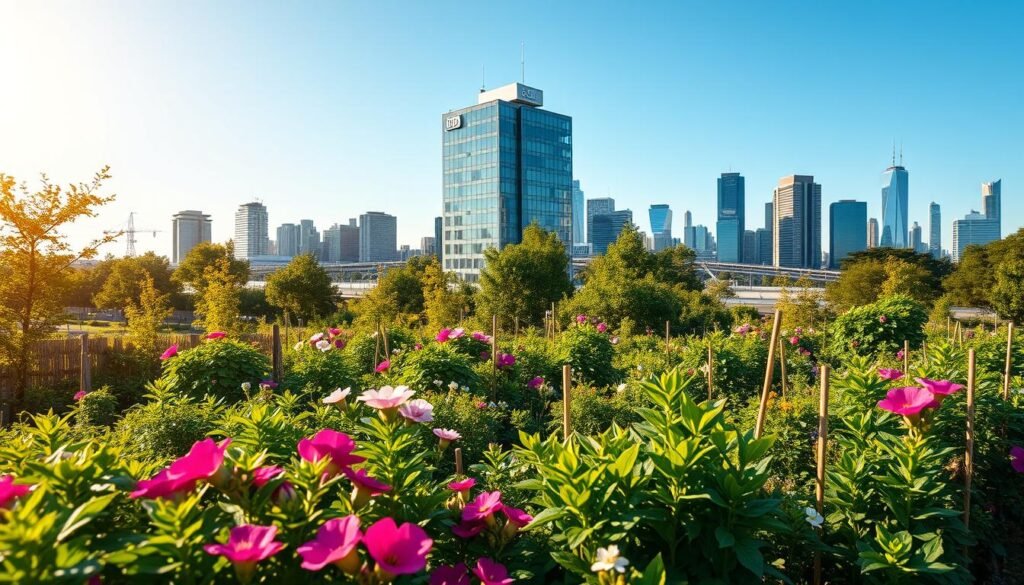 A serene and vibrant landscape showcasing the positive impact of sustainable business practices. In the foreground, a thriving community garden overflows with lush greenery and colorful blooms, representing the benefits to local residents. In the middle ground, a modern B-Corp office building stands tall, its sleek architecture and solar panels symbolizing a commitment to environmental responsibility. The background features a bustling cityscape, with towering skyscrapers and a clear blue sky, conveying a sense of progress and growth powered by ethical corporate leadership. Warm, natural lighting illuminates the scene, creating a welcoming and hopeful atmosphere.