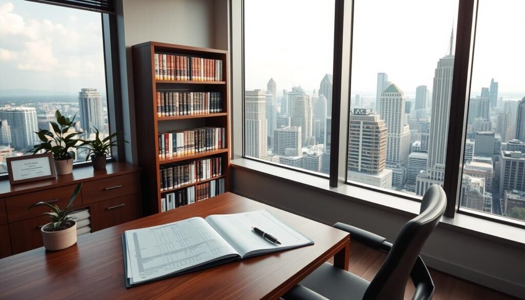 A serene and well-lit office interior, with a large window overlooking a bustling city skyline. In the foreground, a wooden desk with a modern ergonomic chair, on which sits an open ledger and a pen resting next to it. On the desk, a potted plant and a framed certificate, hinting at the professionalism and dedication of the occupant. The middle ground features a bookshelf filled with volumes on finance, economics, and retirement planning, conveying a sense of expertise and long-term security. The background showcases the city outside, with towering skyscrapers and a vibrant, dynamic atmosphere, suggesting the broad societal impact of pensions and long-term financial planning.