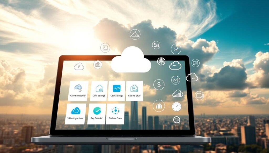 A serene cloud-filled sky, with sunlight streaming through wispy formations. In the foreground, a sleek laptop or tablet device displays a selection of cloud-based software solutions, their icons and interfaces intuitively designed. Surrounding the device, a collection of icons and data visualizations illustrate the benefits of these cloud programs - increased productivity, cost savings, and seamless collaboration. The middle ground features a cityscape, suggesting the urban business environment where these cloud-powered tools would be employed. The composition conveys a sense of efficiency, progress, and the versatility of cloud computing in accelerating digital transformation. A serene cloud-filled sky, with sunlight streaming through wispy formations. In the foreground, a sleek laptop or tablet device displays a selection of cloud-based software solutions, their icons and interfaces intuitively designed. Surrounding the device, a collection of icons and data visualizations illustrate the benefits of these cloud programs - increased productivity, cost savings, and seamless collaboration. The middle ground features a cityscape, suggesting the urban business environment where these cloud-powered tools would be employed. The composition conveys a sense of efficiency, progress, and the versatility of cloud computing in accelerating digital transformation.