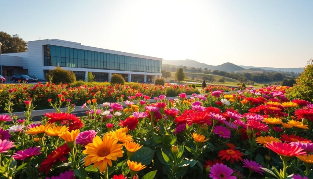 A serene corporate campus nestled amidst lush, vibrant flower gardens. The foreground showcases a diverse array of blooms in vivid hues, meticulously cultivated by responsible floriculturists. In the middle ground, a modern office building with clean lines and large windows reflects the sun's golden rays. The background features rolling hills and a clear blue sky, creating a sense of tranquility and environmental stewardship. The scene conveys a harmonious balance between business, social responsibility, and sustainability, embodying the ethical practices of the Colombian flower industry.