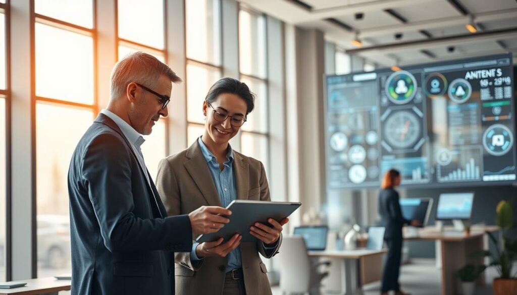 A serene corporate office interior, flooded with warm, natural light from large windows. In the foreground, two executives - a human and an AI assistant - collaborate intently on a tablet, their body language conveying trust and synergy. In the middle ground, employees engage with intelligent software tools, visualizing complex data and insights. The background showcases the company's technological prowess, with holographic displays and seamless integration of digital and physical spaces. An atmosphere of innovation, agility and human-AI symbiosis pervades the scene.