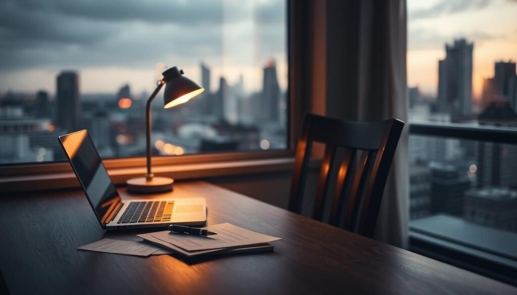 A serene, dimly-lit workspace with a wooden desk and chair. On the desk, a laptop, a pen, and scattered notes convey a sense of focused communication. Soft, warm lighting from a table lamp illuminates the scene, creating an atmosphere of trust and collaboration. In the background, a blurred city skyline through a window suggests a high-pressure, uncertain environment. The composition emphasizes the central act of communication, representing the delicate balance of trust and openness in times of crisis.