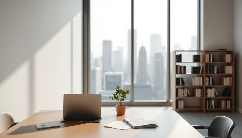 A serene, minimalist office interior with a large window overlooking a city skyline. Muted natural tones and clean lines create an atmosphere of privacy and professionalism. In the foreground, a sleek desk with a laptop, paperwork, and a potted plant. In the middle ground, a tall bookshelf with carefully curated volumes. The background features the distant cityscape, with skyscrapers silhouetted against a soft, diffused light. The overall mood is one of thoughtful contemplation, emphasizing the importance of data privacy and responsible technological transformation.