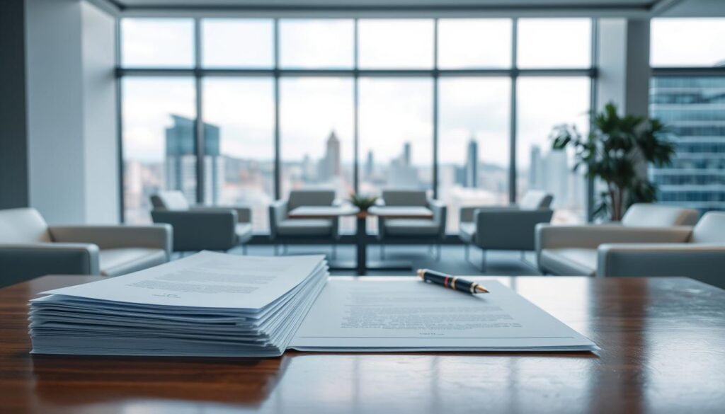 A serene, modern office space with sleek, minimalist furniture and clean, bright lighting. In the foreground, a stack of neatly organized documents and agreements, their crisp pages reflecting the natural illumination. In the middle ground, a pen resting on a polished wooden desk, symbolizing the signing and formalizing of these important legal documents. The background features a large window overlooking the bustling cityscape of Bogotá, Colombia, hinting at the international nature of the joint venture. The overall mood is one of professionalism, organization, and the careful attention to detail required in establishing a successful business partnership.