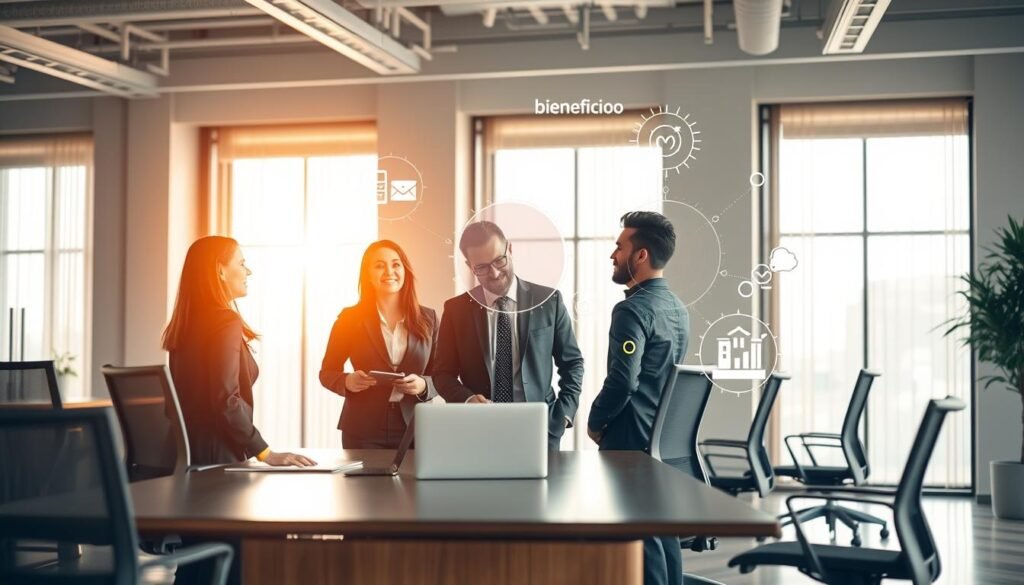 A serene office interior with a large desk and ergonomic chairs, bathed in warm, natural light from floor-to-ceiling windows. In the foreground, three businesspeople - a woman and two men - engaged in a collaborative discussion, their expressions conveying a sense of focus, energy, and mutual understanding. In the background, abstract shapes and icons representing the concepts of "beneficios", "bienestar", and "liderazgo" float ethereally, creating a visually striking and thematically relevant backdrop. The overall atmosphere is one of professionalism, wellness, and effective leadership.
