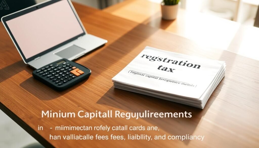 A serene office scene with a sleek wooden desk, a laptop, and a calculator. On the desk, a stack of documents represents the "registration tax" concept, casting soft shadows under a warm, diffused lighting. The background is blurred, emphasizing the focal point - the tax-related paperwork. The overall atmosphere is one of quiet professionalism, reflecting the "Minimum Capital Requirements" topic and the "How capital levels affect fees, liability, and compliance" section.