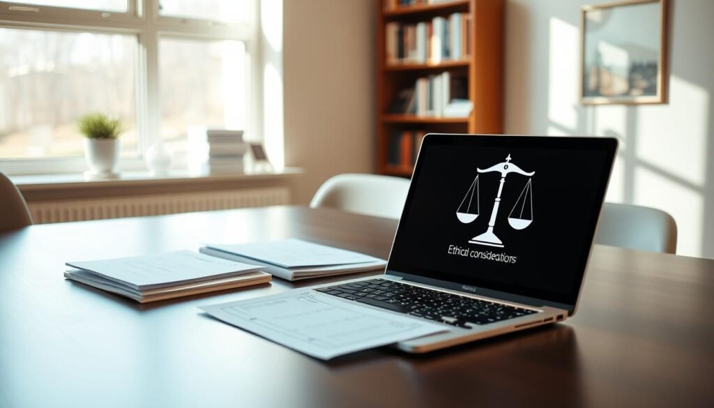 A serene office setting with a focus on a sleek desk showcasing test materials and a laptop displaying a balanced scale icon, symbolizing the ethical considerations in psychometric testing. The room is bathed in warm, natural lighting, creating a professional yet inviting atmosphere. In the background, a bookshelf with relevant psychology and ethics literature. The overall composition conveys a sense of thoughtfulness, transparency, and commitment to fair and unbiased evaluation practices.