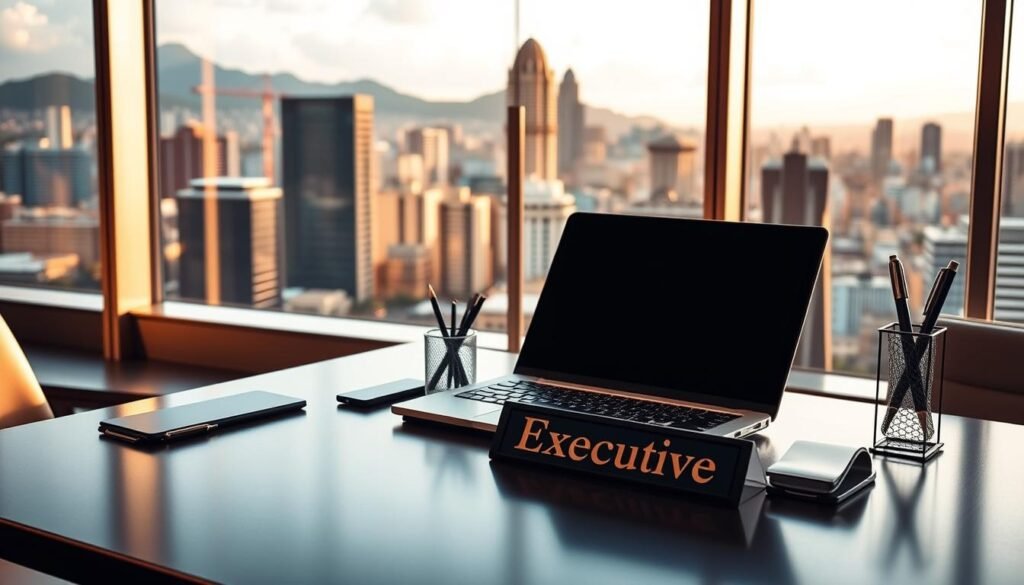 A serene office setting with a prominent desk showcasing an array of modern business accessories - a sleek laptop, a stylish pen holder, and a nameplate displaying the job title "Executive". The background features a panoramic view of the bustling Bogotá skyline through large windows, bathed in warm, golden lighting that casts a sense of professionalism and success. The desk is neatly organized, symbolizing the high-caliber compensation and benefits packages available to top-tier executives in Colombia's thriving business landscape. The overall scene conveys a refined, aspirational atmosphere that aligns with the section's focus on the realities of executive compensation and the desirable workplace context. A serene office setting with a prominent desk showcasing an array of modern business accessories - a sleek laptop, a stylish pen holder, and a nameplate displaying the job title "Executive". The background features a panoramic view of the bustling Bogotá skyline through large windows, bathed in warm, golden lighting that casts a sense of professionalism and success. The desk is neatly organized, symbolizing the high-caliber compensation and benefits packages available to top-tier executives in Colombia's thriving business landscape. The overall scene conveys a refined, aspirational atmosphere that aligns with the section's focus on the realities of executive compensation and the desirable workplace context.