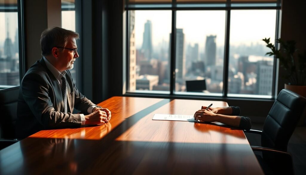 A serene office setting with a senior and junior executive engaged in a one-on-one mentoring session. The foreground features the two professionals seated at a polished wooden table, their body language conveying an atmosphere of trust and open dialogue. Warm, directional lighting casts soft shadows, creating a cozy, intimate ambiance. In the middle ground, a large window overlooks a bustling cityscape, symbolizing the wider organizational context. The background subtly blurs, allowing the mentoring interaction to remain the focal point. The scene exudes a sense of guidance, knowledge-sharing, and professional development, perfectly capturing the essence of "mentoría onboarding" for new directors.