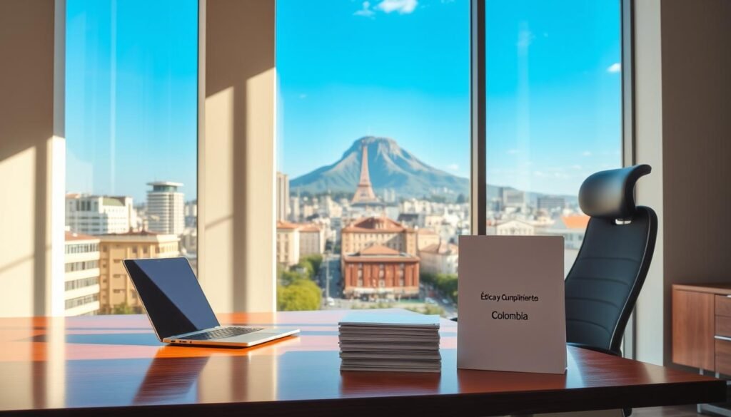 A serene office space with a large window overlooking the bustling streets of Bogotá, Colombia. Sunlight streams in, illuminating the polished wood desk and modern ergonomic chair. On the desk, a laptop and a stack of documents labeled "Ética y Cumplimiento" stand as symbols of corporate responsibility. In the background, the iconic Cerro de Monserrate rises against a vibrant blue sky, a testament to the country's natural beauty. The atmosphere conveys a sense of professionalism, transparency, and a commitment to ethical business practices.