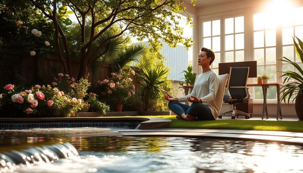 A serene, sun-dappled garden oasis, its lush greenery and blooming flowers evoking a sense of peace and well-being. In the foreground, a person sits in a comfortable chair, meditating with eyes closed, their body language radiating an aura of tranquility. The middle ground features a flowing water feature, its soothing sounds creating a calming ambiance. In the background, an inviting home office setup, with a desk, ergonomic chair, and large windows letting in natural light, symbolizing the harmonious balance of work and personal life. The overall scene conveys a holistic, flexible approach to wellness, encompassing mental, physical, and professional aspects.