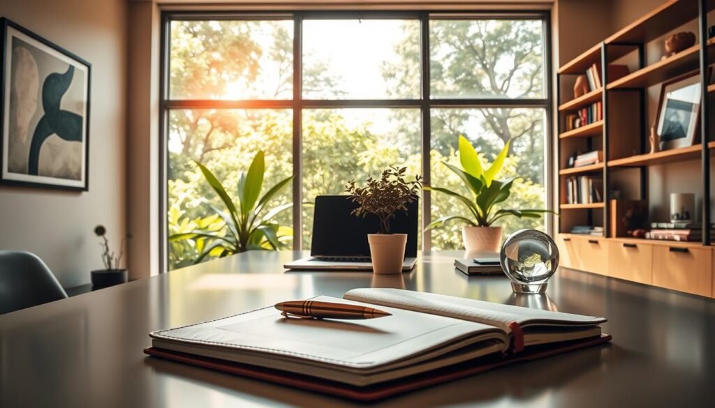 A serene, sun-dappled office interior, with large windows overlooking a lush, verdant garden. Warm, soft lighting illuminates a sleek, modern desk, upon which rests a laptop, a potted plant, and a polished glass paperweight. In the foreground, a leather-bound notebook and a pen lie open, suggesting an atmosphere of focused, thoughtful work. The walls are adorned with minimalist, abstract artwork, conveying a sense of refined sophistication. Strategically placed shelves display a curated collection of books and decorative objects, reflecting a balance of functionality and aesthetic appeal. The overall scene radiates a palpable aura of quality, professionalism, and a commitment to excellence.