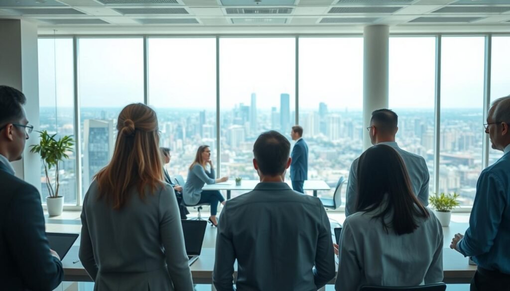 A serene, sunlit office space with an open floor plan. In the foreground, a diverse team of professionals engaged in collaborative work, their faces expressing a sense of unity and purpose. In the middle ground, a transparent, glass-enclosed conference room where executives are engaged in an open discussion, emphasizing transparency and accountability. The background features a panoramic view of a bustling city skyline, symbolizing the company's strong global presence and commitment to its employees. The overall atmosphere conveys a sense of internal equity, where all team members are valued and empowered to contribute equally towards the organization's success.