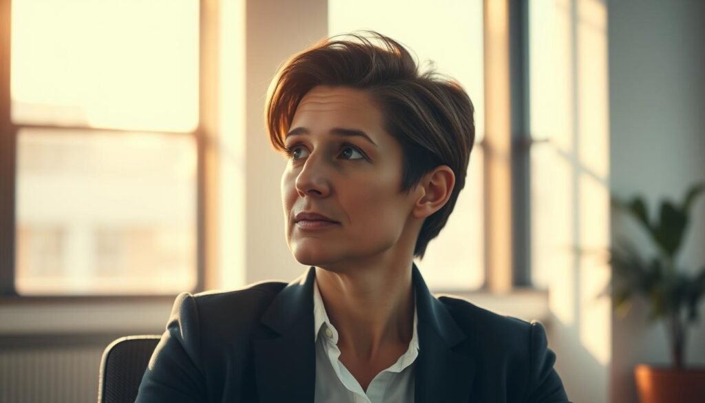 A serene, thoughtful executive sitting in a well-lit, minimalist office, gazing introspectively. Warm sunlight filters through large windows, casting a soft glow on their face. The expression is one of deep contemplation, conveying a sense of emotional intelligence and self-awareness. The background is blurred, keeping the focus on the subject's pensive, yet confident demeanor. The composition is balanced, with the executive positioned slightly off-center, creating a sense of visual interest. The overall mood is one of quiet reflection, hinting at the individual's ability to navigate complex emotional landscapes.